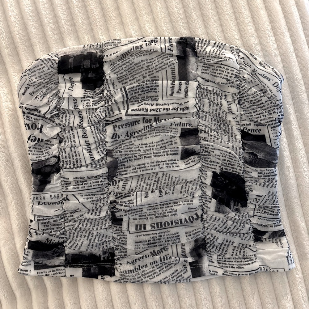 Isalis Black and White Newspaper Strapless Top